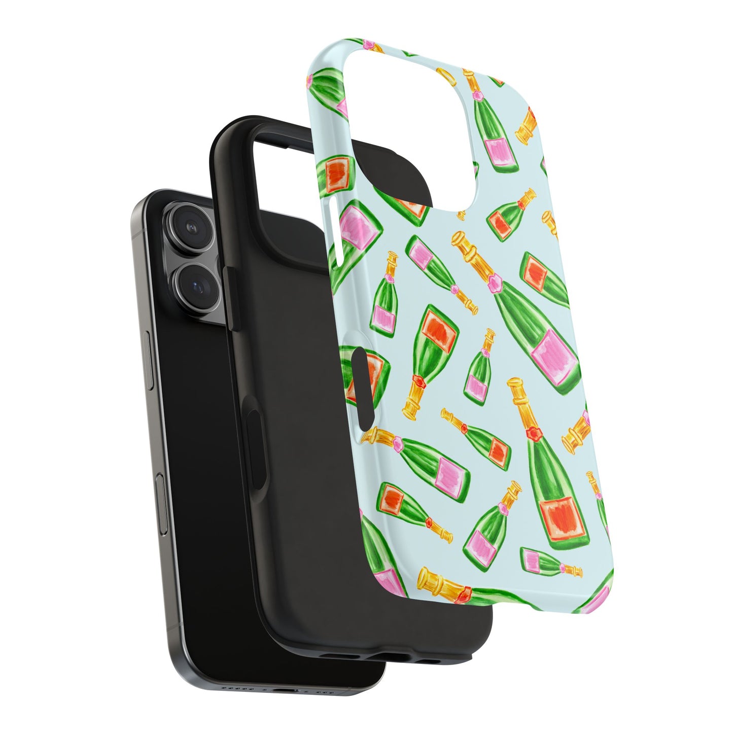 Tossed Pink and Green & Orange and Green Watercolor Illustrated Champagne Bottles Pattern Light Blue Tough Phone Case | Various Models