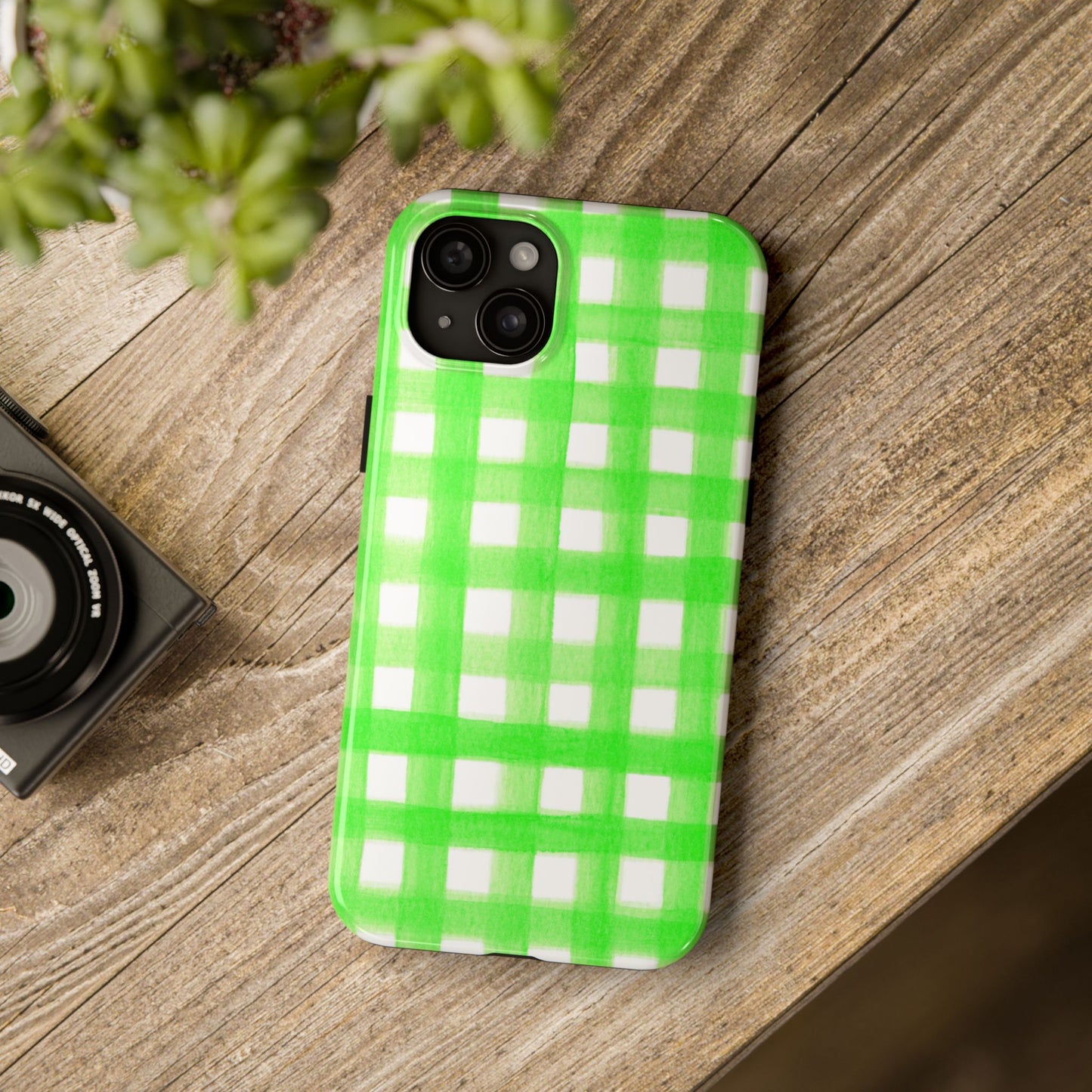 Lime Green Gingham Watercolor Illustrated Tough Phone Case | Various Models Available