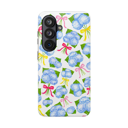 Blue Watercolor Hydrangea Bunches with Hot Pink, Yellow, Light Pink Bows Illustrated Patterned Tough Phone Case | Various Models