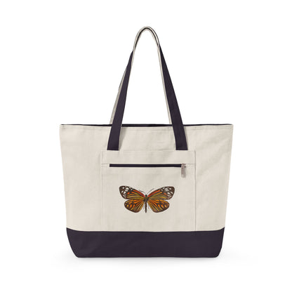 Orange & Black Watercolor Butterfly Printed Zippered Canvas Tote 18" x 14" | Various Colors 18" x 14" x 4.5" Natural Navy