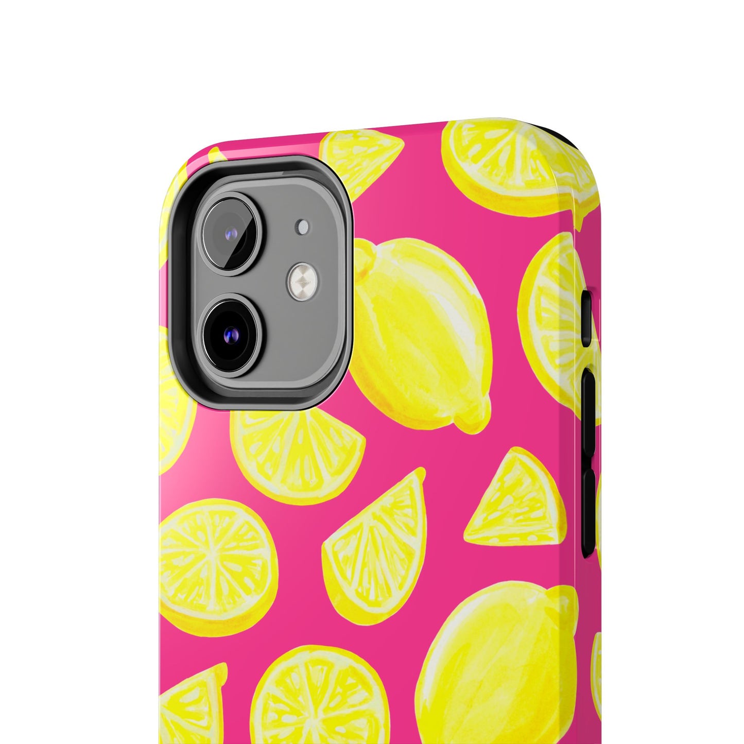 Bright Yellow Lemons Watercolor Illustrated Tossed Pattern Watermelon Pink Tough Phone Case | Various Models