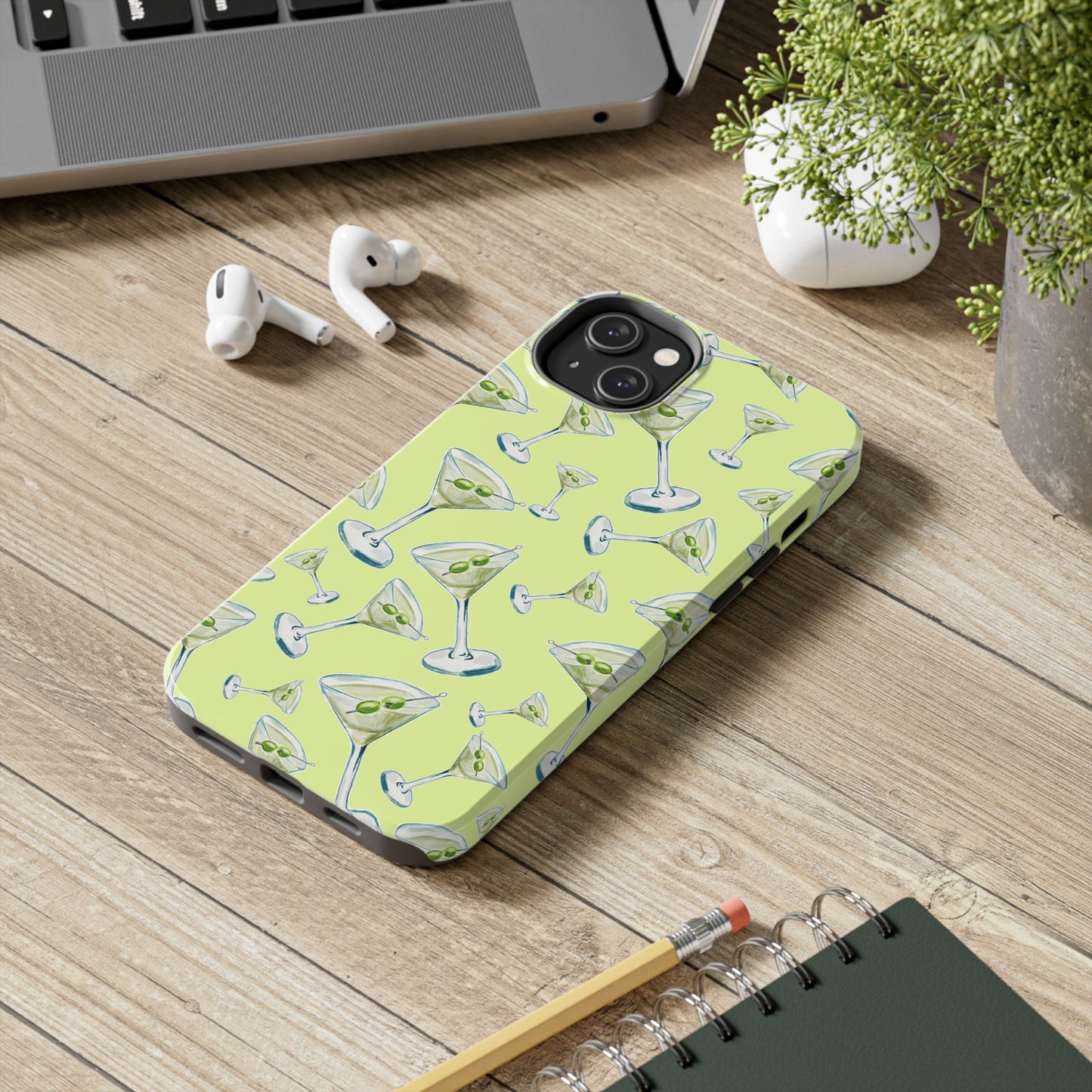 Watercolor Blue and Green Martinis Tossed Illustrated Pattern Yellow Tough Phone Case | Various Models