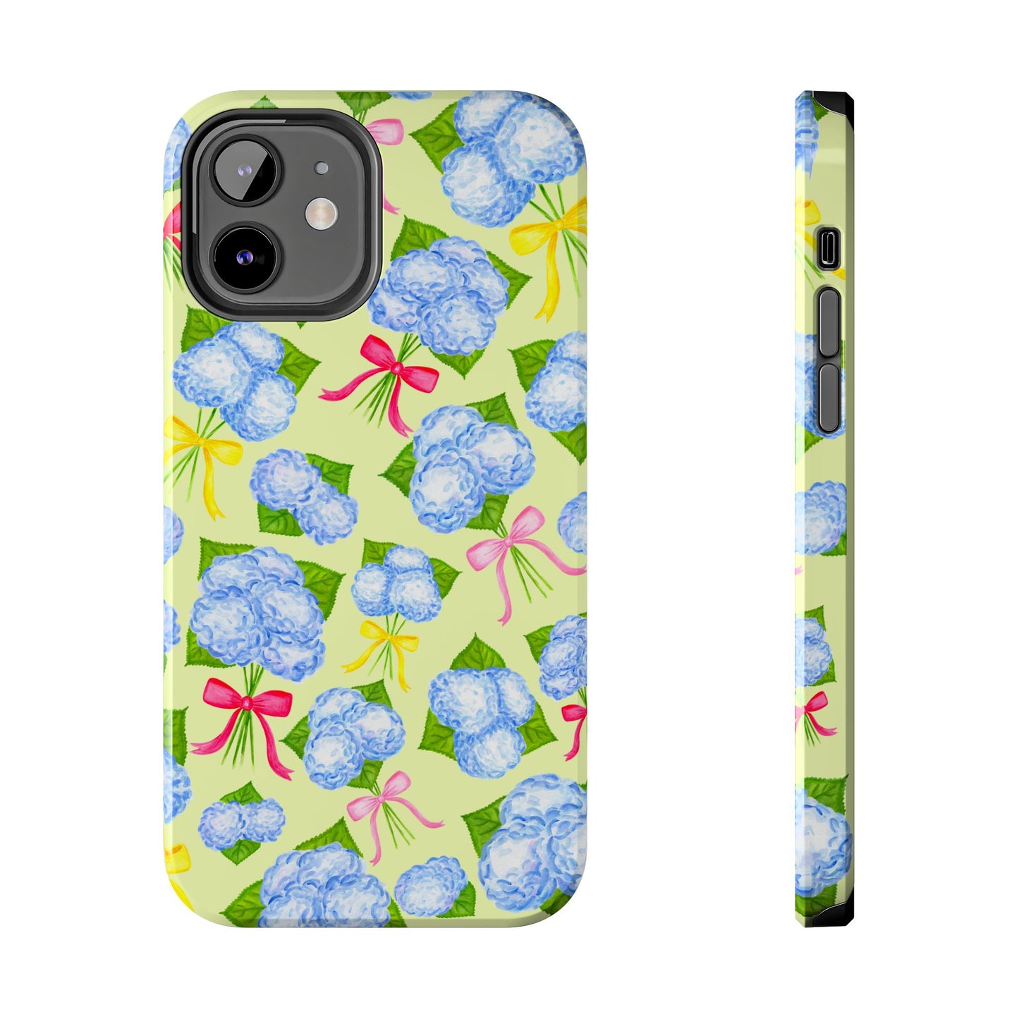 Blue Watercolor Hydrangea Bunches with Hot Pink, Yellow, Light Pink Bows Illustrated Patterned Yellow Tough Phone Case | Various Models