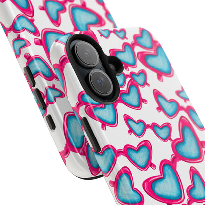 Pink & Blue Heart Shaped Sunglasses Watercolor Illustrated Tossed Pattern Tough Case | Various Models