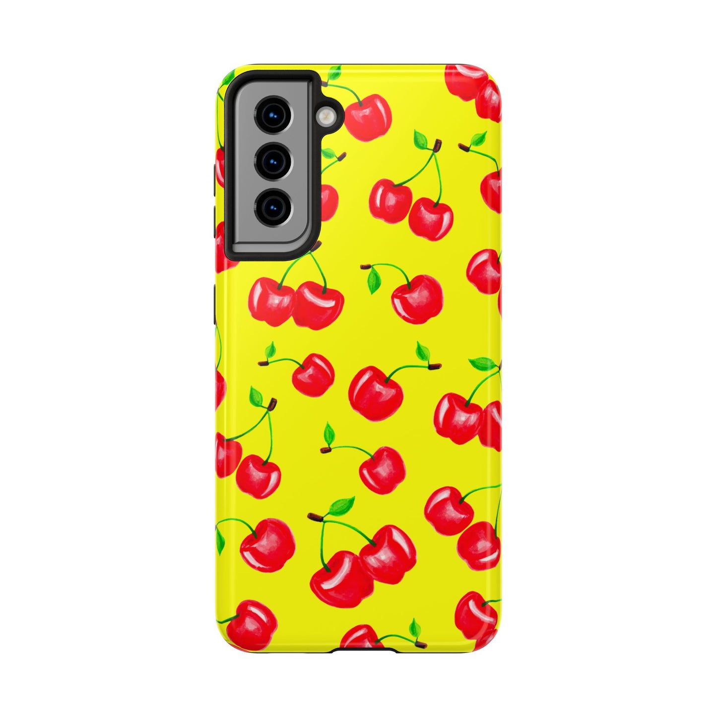 Tossed Red Watercolor Cherries Illustrated Pattern Bright Yellow Tough Phone Case | Various Models
