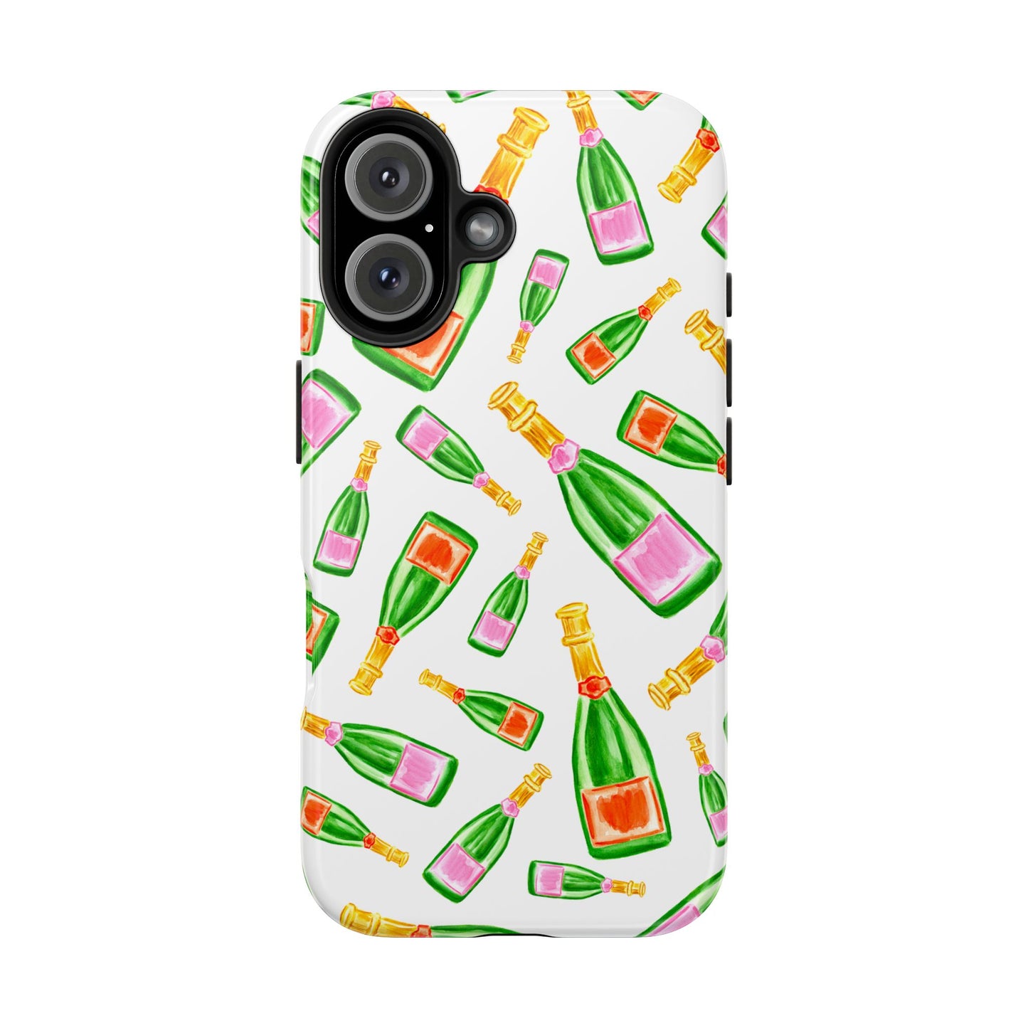 Tossed Pink and Green & Orange and Green Watercolor Illustrated Champagne Bottles Pattern Tough Phone Case | Various Models