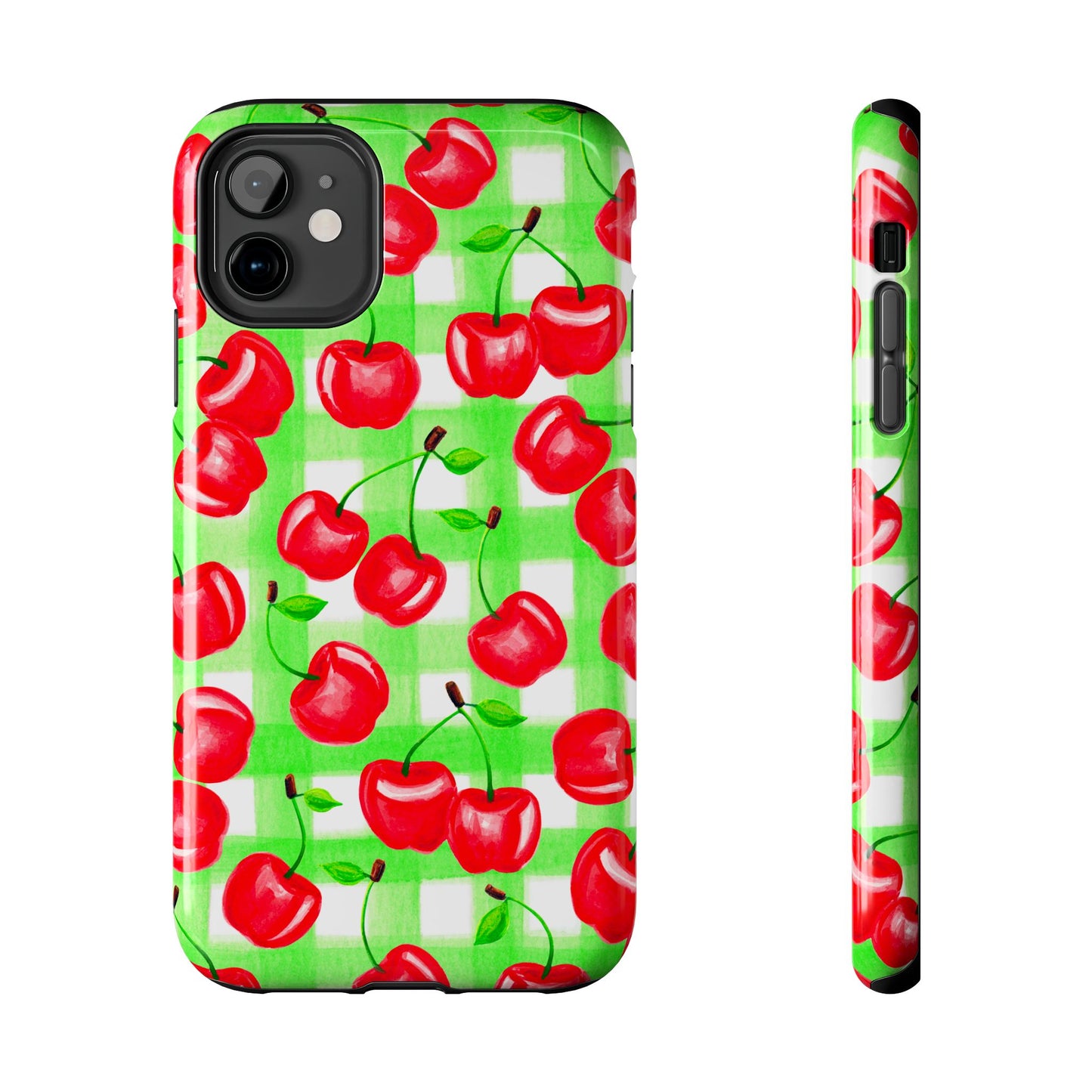 Red Tossed Cherries Green Gingham Watercolor Illustrated Tough Phone Case | Various Models Available