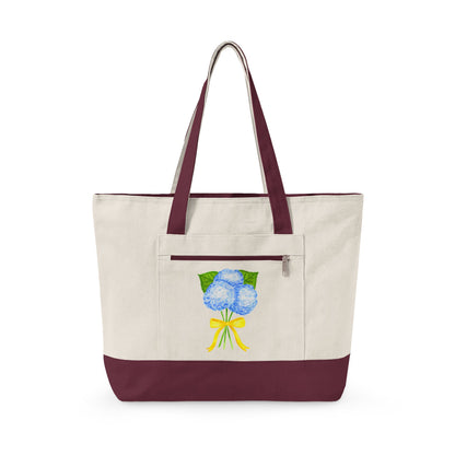 Blue Watercolor Hydrangeas with Yellow Bow Illustration Printed Zippered Canvas Tote 18" x 14" | Various Colors