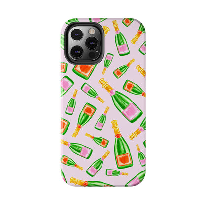 Tossed Pink and Green & Orange and Green Watercolor Illustrated Champagne Bottles Pattern Blush Pink Tough Phone Case | Various Models