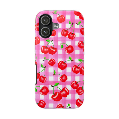 Tossed Red Watercolor Cherries Illustrated Pattern Light Pink Gingham Tough Phone Case | Various Models