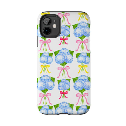 Blue Hydrangeas with Hot Pink, Yellow, Light Pink Bows Watercolor Illustrated Patterned Tough Phone Case | Various Models