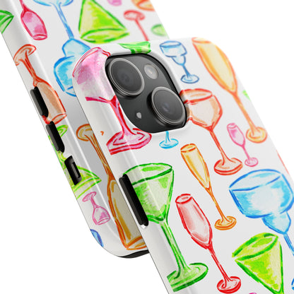 Monochromatic Margarita, Wine, Martini, and Champagne Flute Cocktail Glasses Watercolor Illustrated Tough Phone Case | Various Models Available
