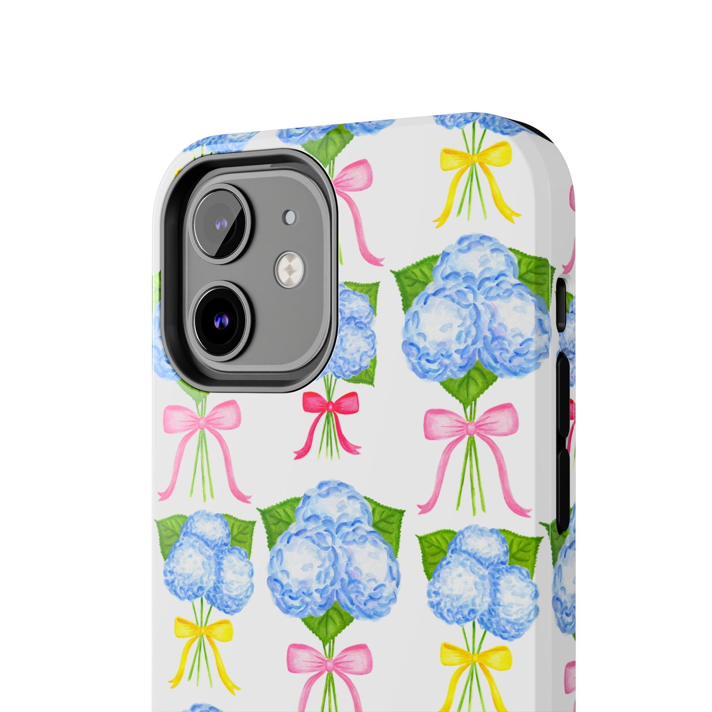 Blue Hydrangeas with Hot Pink, Yellow, Light Pink Bows Watercolor Illustrated Patterned Tough Phone Case | Various Models