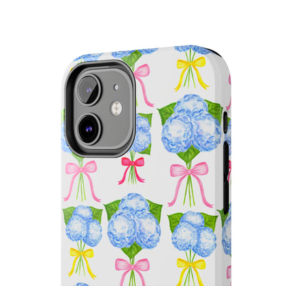 Blue Hydrangeas with Hot Pink, Yellow, Light Pink Bows Watercolor Illustrated Patterned Tough Phone Case | Various Models