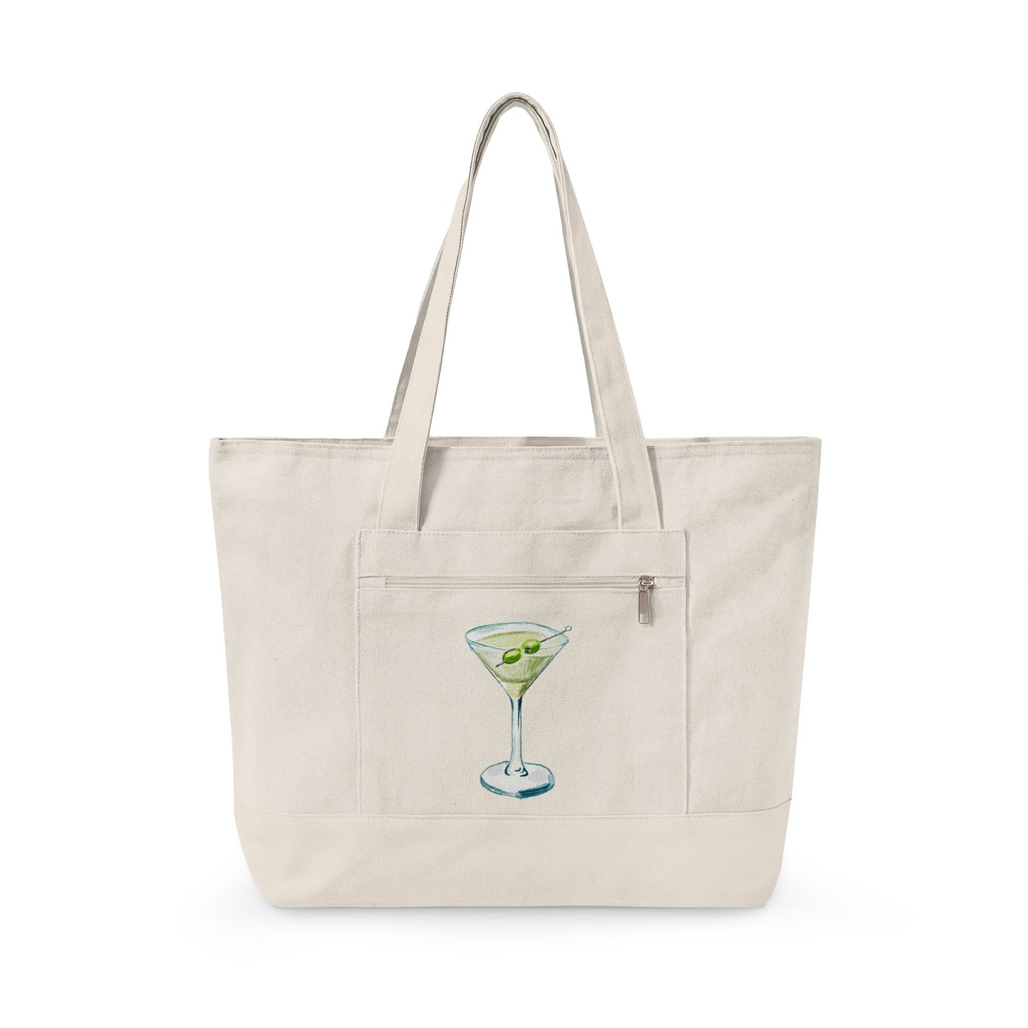 Blue Green Watercolor Martini Printed Zippered Canvas Tote 18" x 14" | Various Colors 18" x 14" x 4.5" Natural