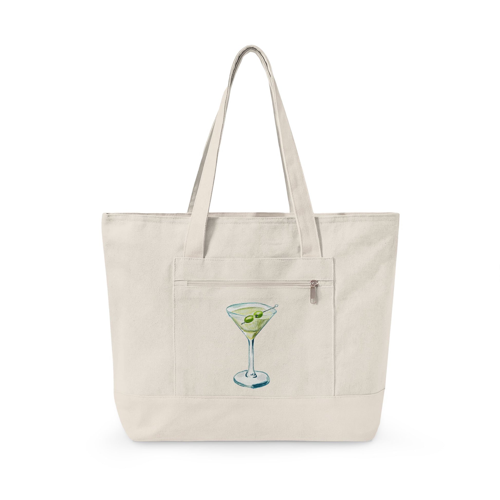 Blue Green Watercolor Martini Printed Zippered Canvas Tote 18" x 14" | Various Colors 18" x 14" x 4.5" Natural