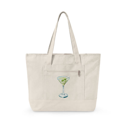 Blue Green Watercolor Martini Printed Zippered Canvas Tote 18" x 14" | Various Colors 18" x 14" x 4.5" Natural
