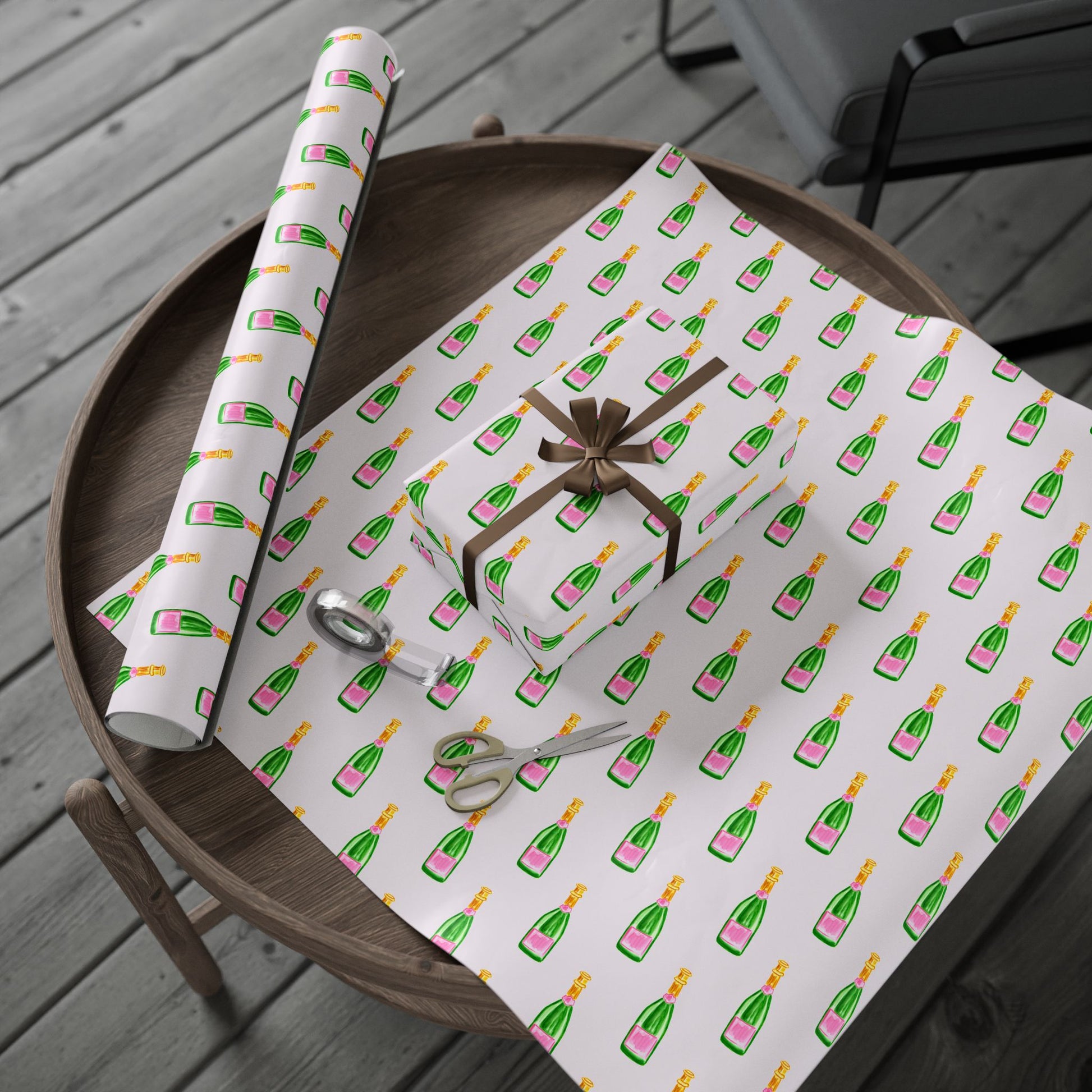 Gift Wrap | Blush Pink & Green Watercolor Champagne Bottles Pattern | Matte or Glossy