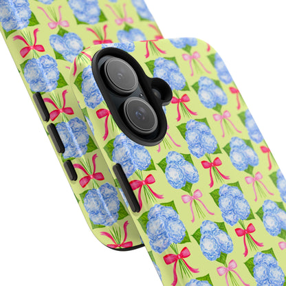 Watercolor Blue Hydrangea Bouquets with Hot Pink and Light Pink Bow Ribbons Illustrated Pattern Yellow Tough Phone Case | Various Models