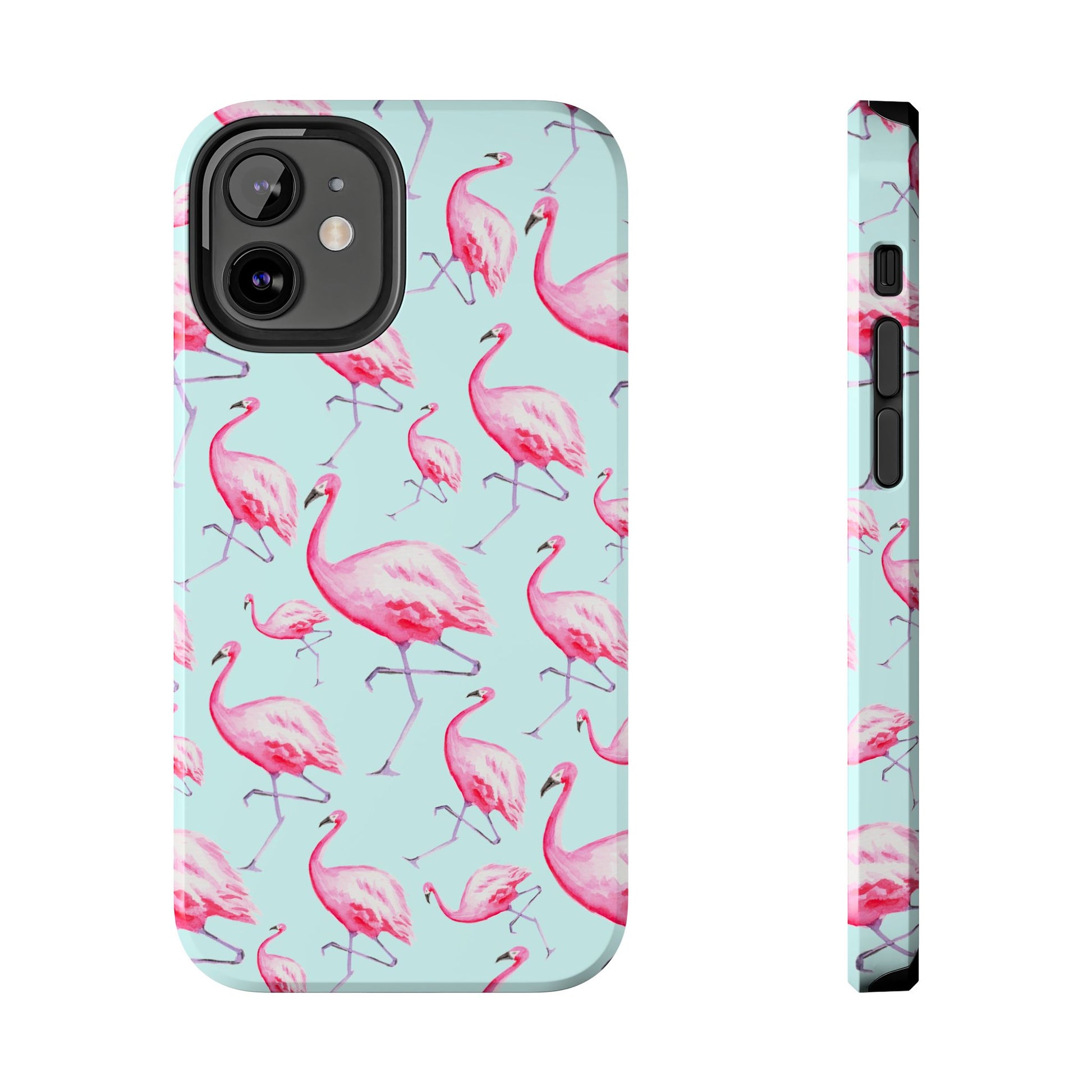 Pink Flamingos Watercolor Illustrated Tossed Pattern Blue Phone Case | Various Models iPhone 12 Mini