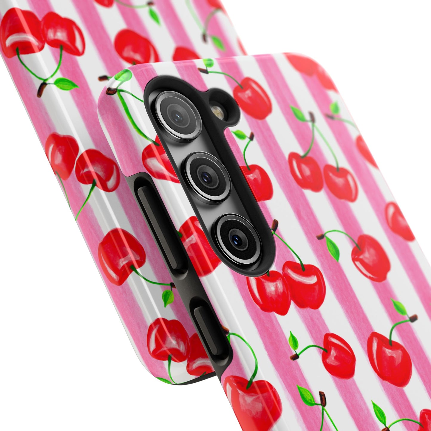 Tossed Red Watercolor Cherries Illustrated Pattern Light Pink Stripes Tough Phone Case | Various Models