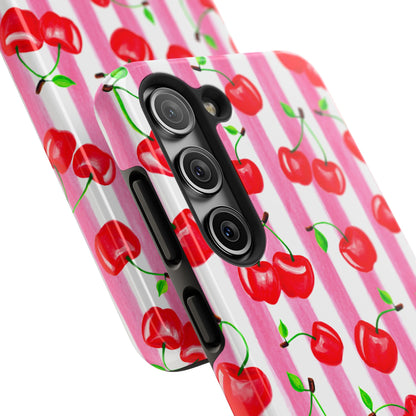 Tossed Red Watercolor Cherries Illustrated Pattern Light Pink Stripes Tough Phone Case | Various Models