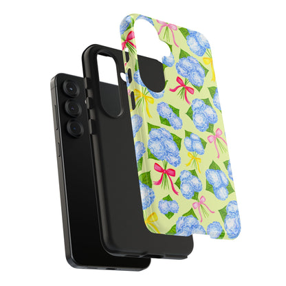 Blue Watercolor Hydrangea Bunches with Hot Pink, Yellow, Light Pink Bows Illustrated Patterned Yellow Tough Phone Case | Various Models