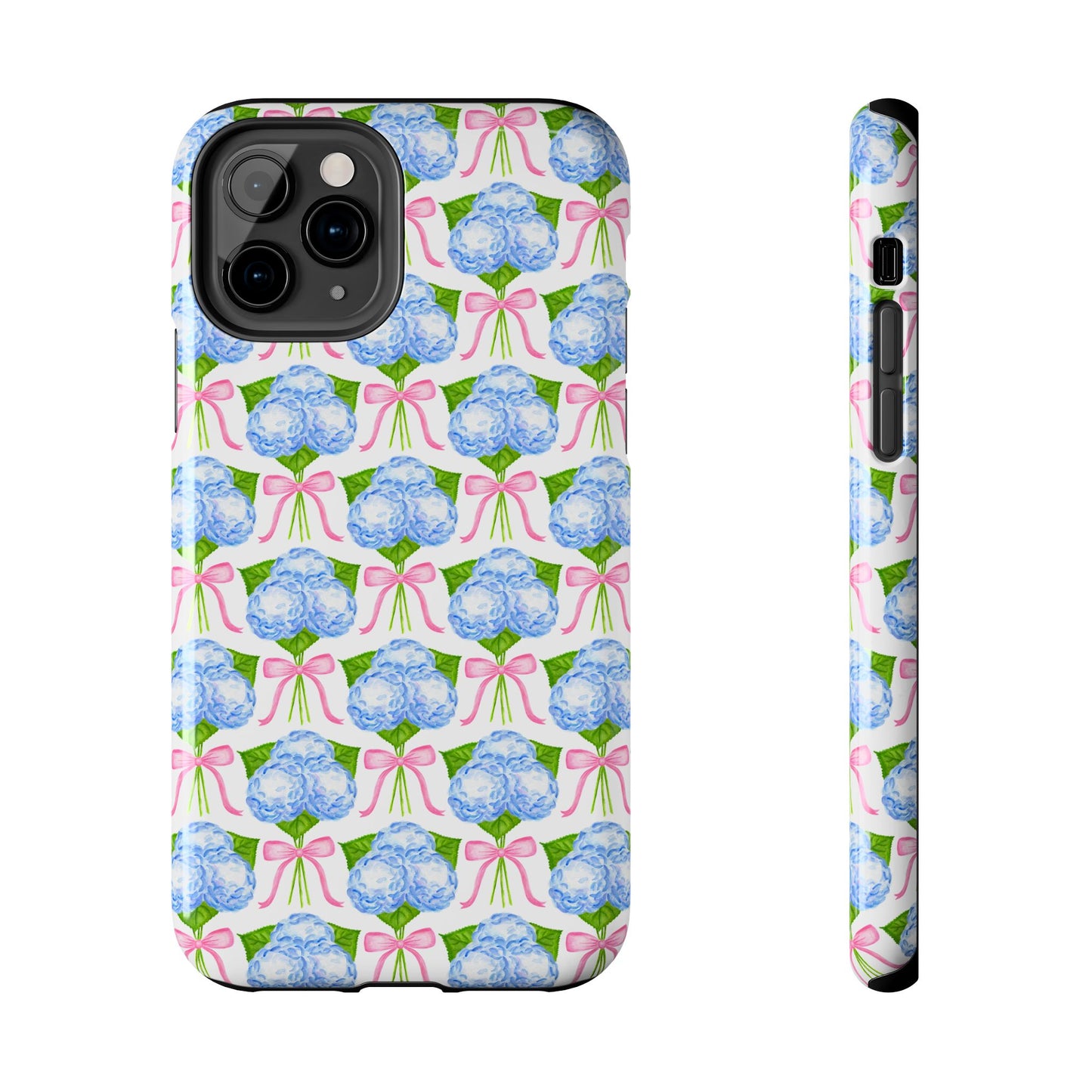 Blue Watercolor Hydrangea Bouqets with Light Pink Bows Watercolor Illustrated Patterned Tough Phone Case | Various Models