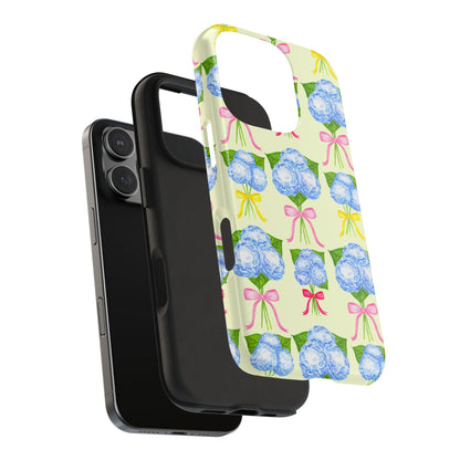 Blue Hydrangeas with Hot Pink, Yellow, Light Pink Bows Watercolor Illustrated Patterned Light Yellow Tough Phone Case | Various Models