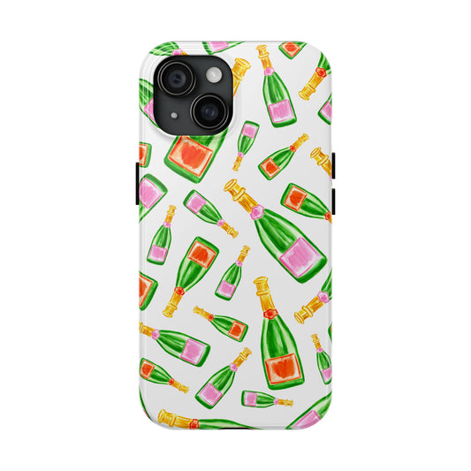 Tossed Pink and Green & Orange and Green Watercolor Illustrated Champagne Bottles Pattern Tough Phone Case | Various Models iPhone 15