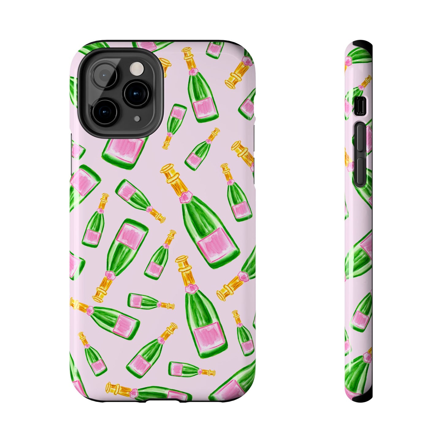 Tossed Pink and Green Watercolor Illustrated Champagne Bottles Pattern Blush Pink Tough Phone Case | Various Models