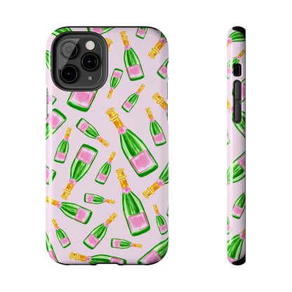 Tossed Pink and Green Watercolor Illustrated Champagne Bottles Pattern Blush Pink Tough Phone Case | Various Models