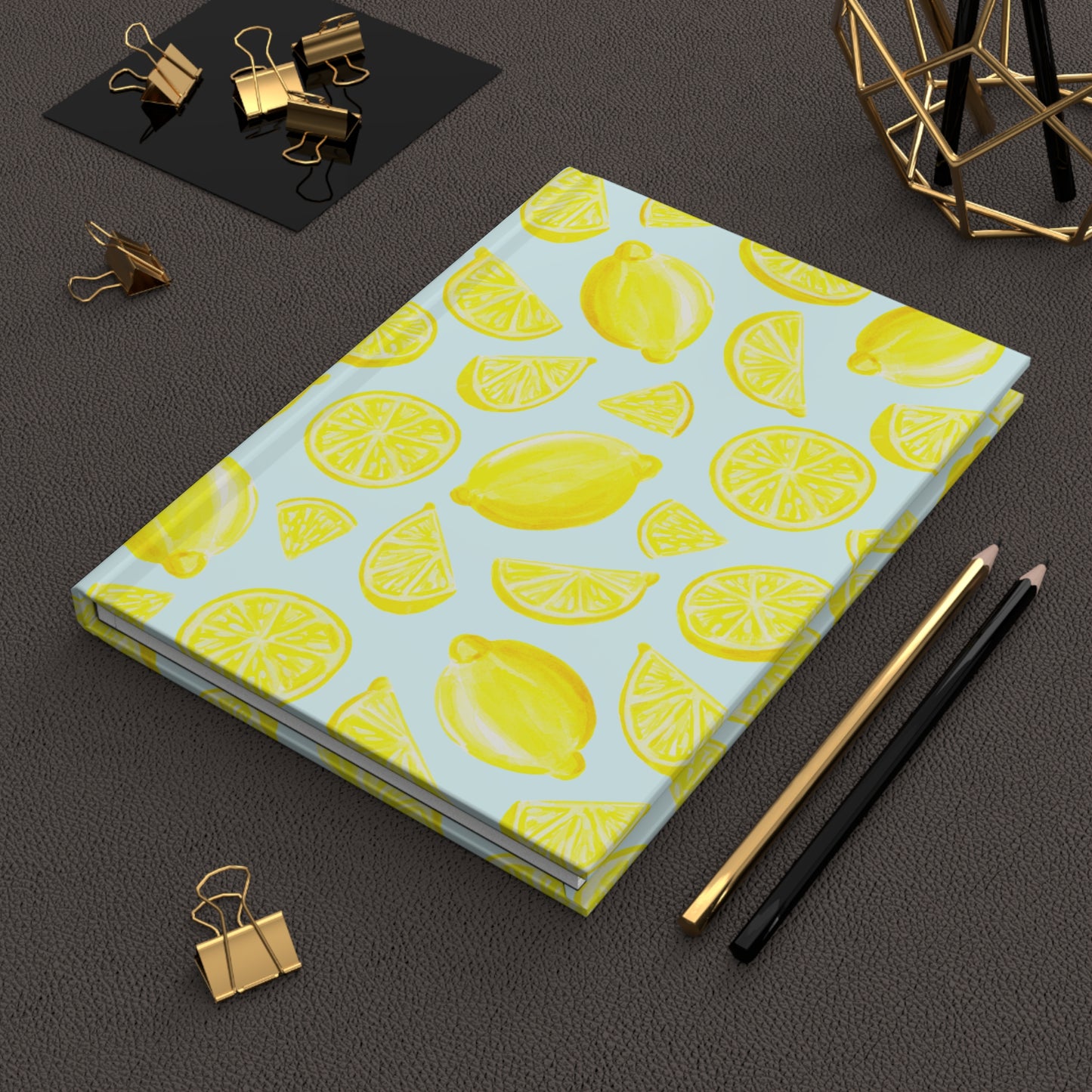 Yellow Lemons Watercolor Illustrated Light Blue Hardcover Lined Journal Matte 8"x5.75"
