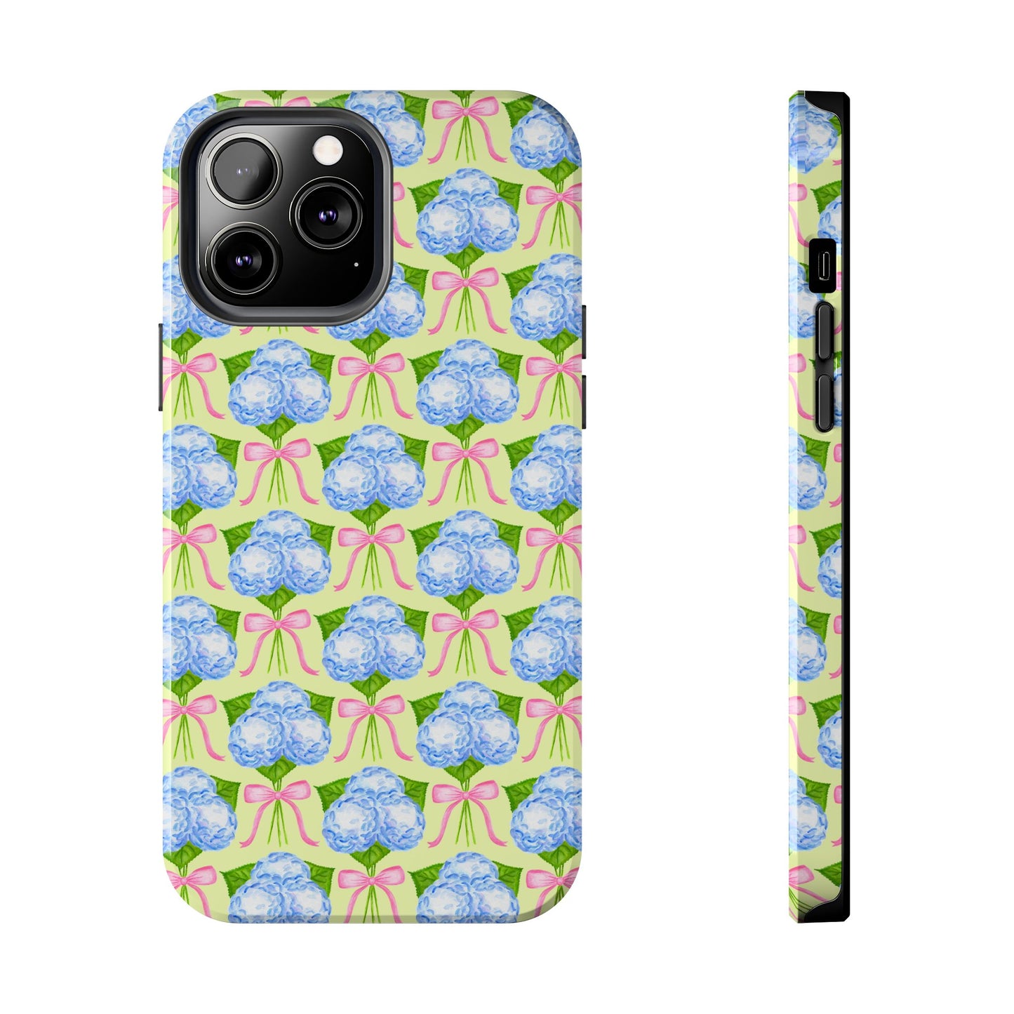 Blue Watercolor Hydrangea Bouquets with Light Pink Bows Watercolor Illustrated Patterned Yellow Tough Phone Case | Various Models