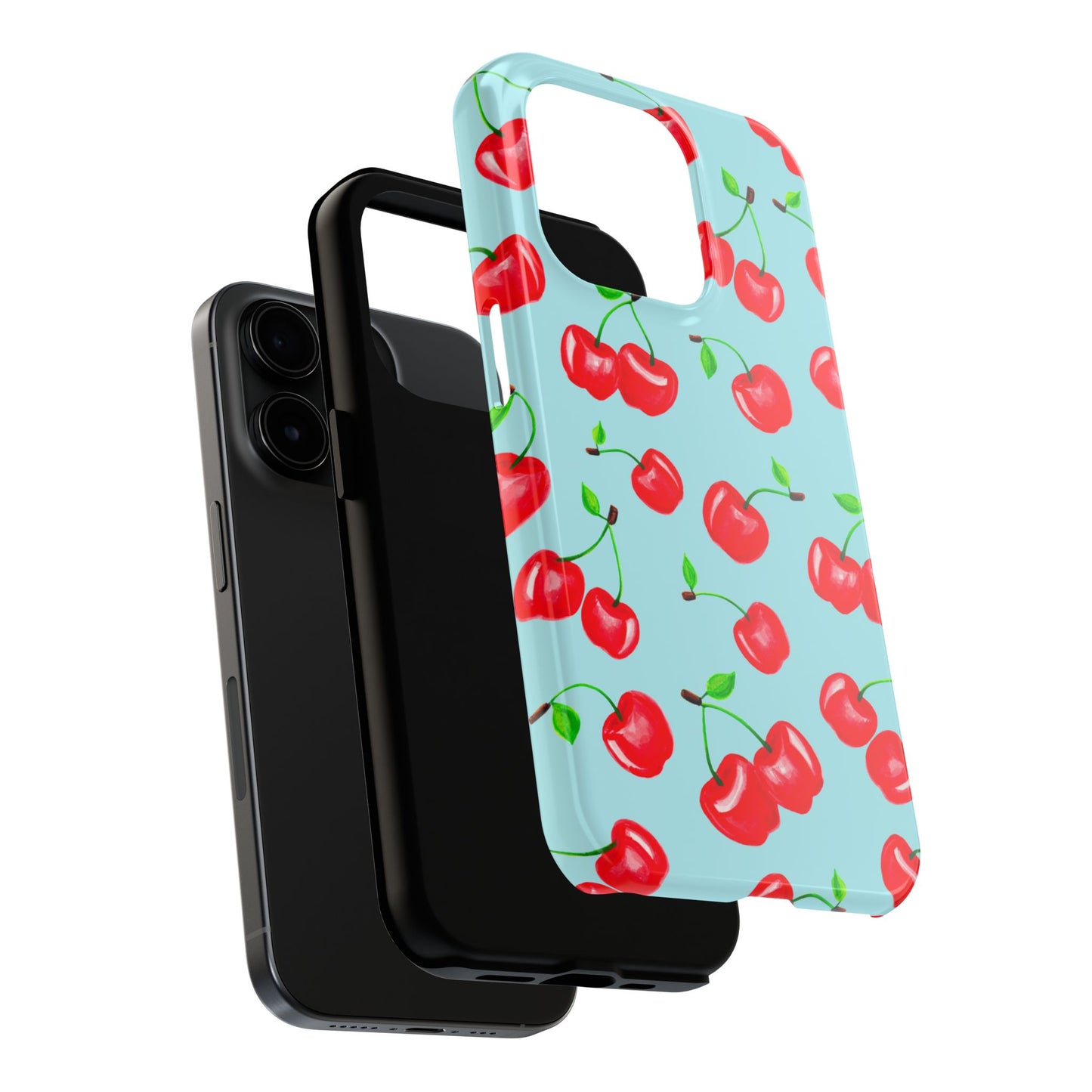 Tossed Red Watercolor Cherries Illustrated Pattern Bright Blue Tough Phone Case | Various Models