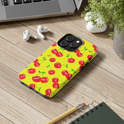 Tossed Red Watercolor Cherries Illustrated Pattern Bright Yellow Tough Phone Case | Various Models