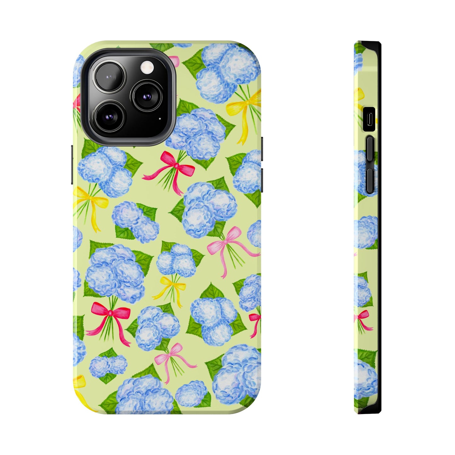 Blue Watercolor Hydrangea Bunches with Hot Pink, Yellow, Light Pink Bows Illustrated Patterned Yellow Tough Phone Case | Various Models