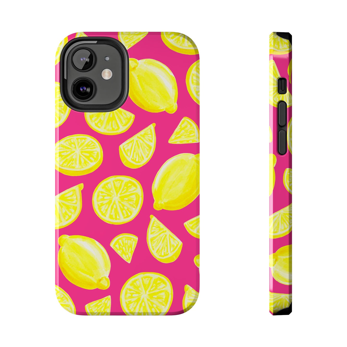 Bright Yellow Lemons Watercolor Illustrated Tossed Pattern Watermelon Pink Tough Phone Case | Various Models