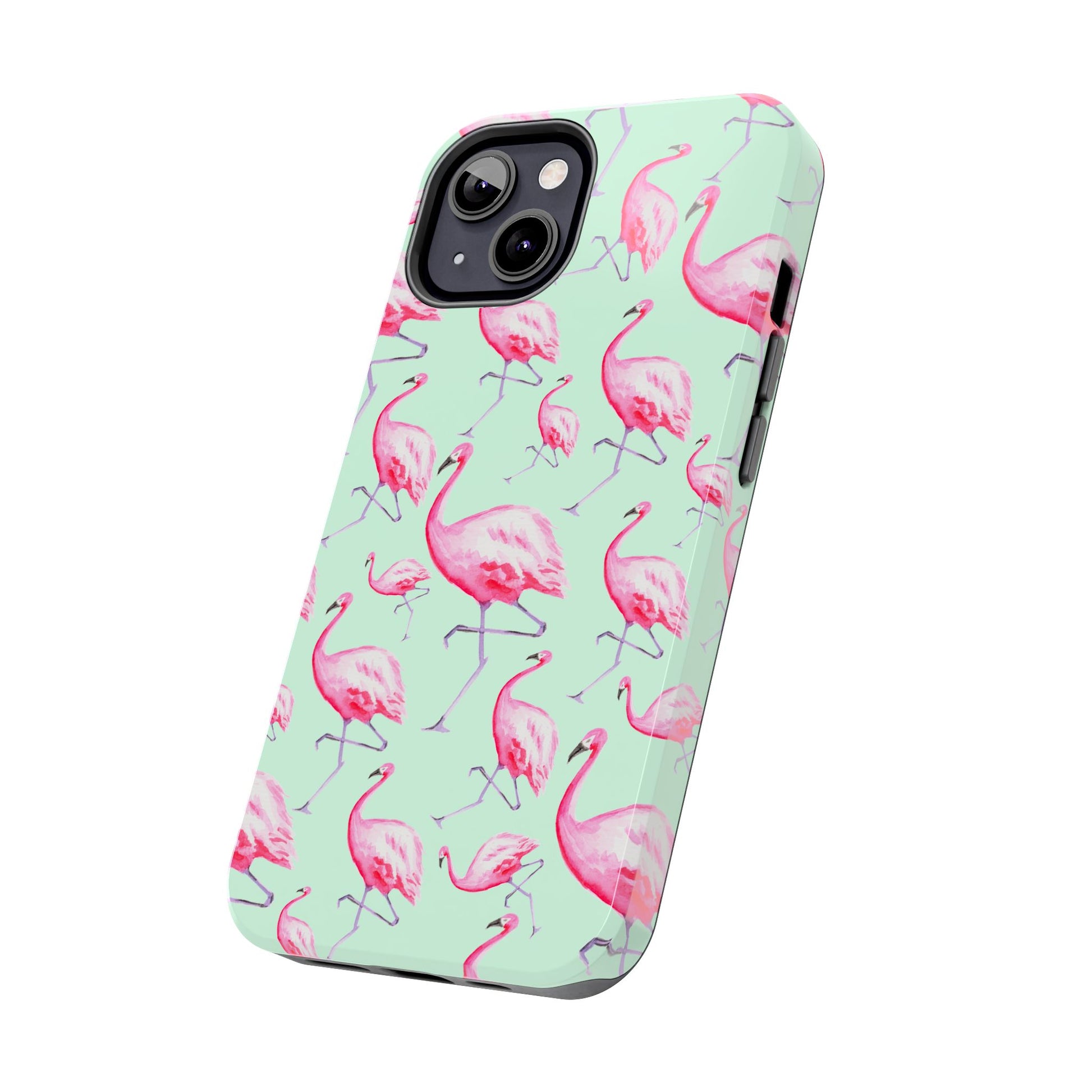 Pink Flamingos Watercolor Illustrated Tossed Pattern Green Phone Case | Various Models