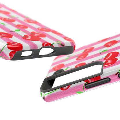 Tossed Red Watercolor Cherries Illustrated Pattern Light Pink Stripes Tough Phone Case | Various Models