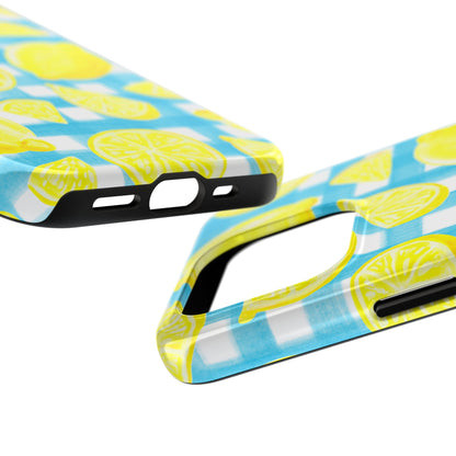 Yellow Lemons & Turquoise Gingham Watercolor Illustrated Tough Phone Case | Various Models Available