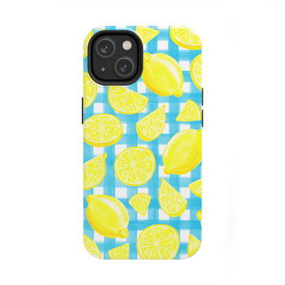 Bright Yellow Lemons Watercolor Illustrated Tossed Pattern Turquoise Gingham Tough Phone Case | Various Models