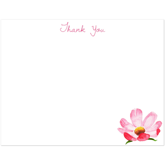Thank You Coral Pink Peony Watercolor Illustrated Flat Notecards | Set of 10 Cards & Envelope | 2 Sizes