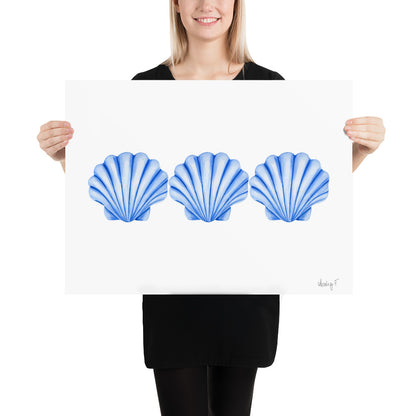 Print | Watercolor Blue Scallop Seashell Trio 18″×24″