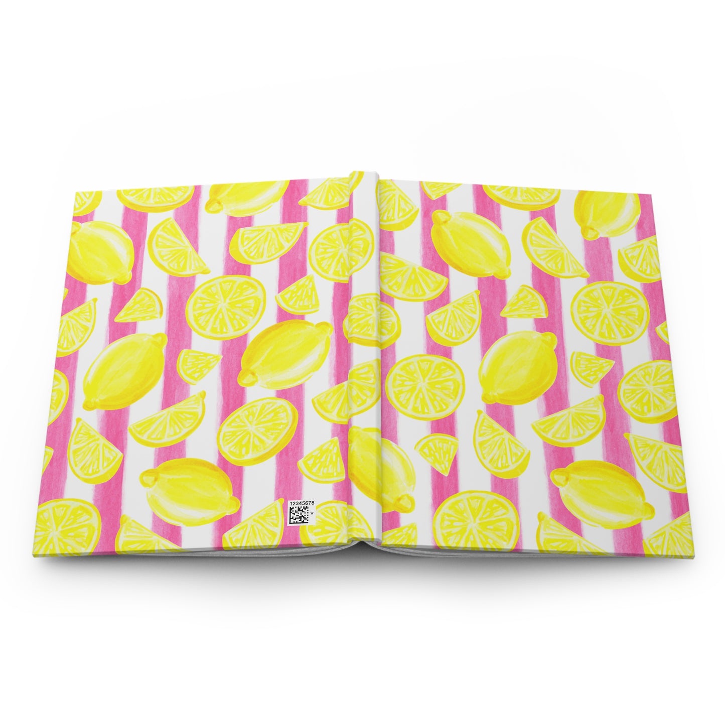 Yellow Lemons Watercolor Illustrated Light Pink Stripes Hardcover Journal Matte 8"x5.75"