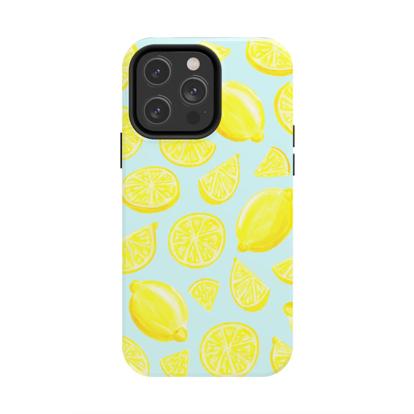 Bright Yellow Lemons Watercolor Illustrated Tossed Pattern Light Blue Tough Phone Case | Various Models
