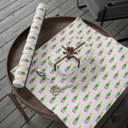 Gift Wrap | Blush Pink & Green Watercolor Champagne Bottles Pattern | Matte or Glossy