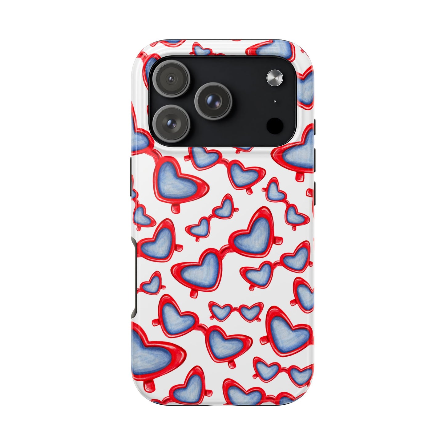 Red, White, & Blue Heart Shaped Watercolor Sunglasses Tossed Pattern Tough Phone Cases iPhone 17 Pro