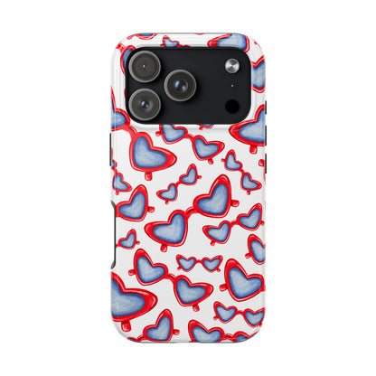Red, White, & Blue Heart Shaped Watercolor Sunglasses Tossed Pattern Tough Phone Cases iPhone 17 Pro