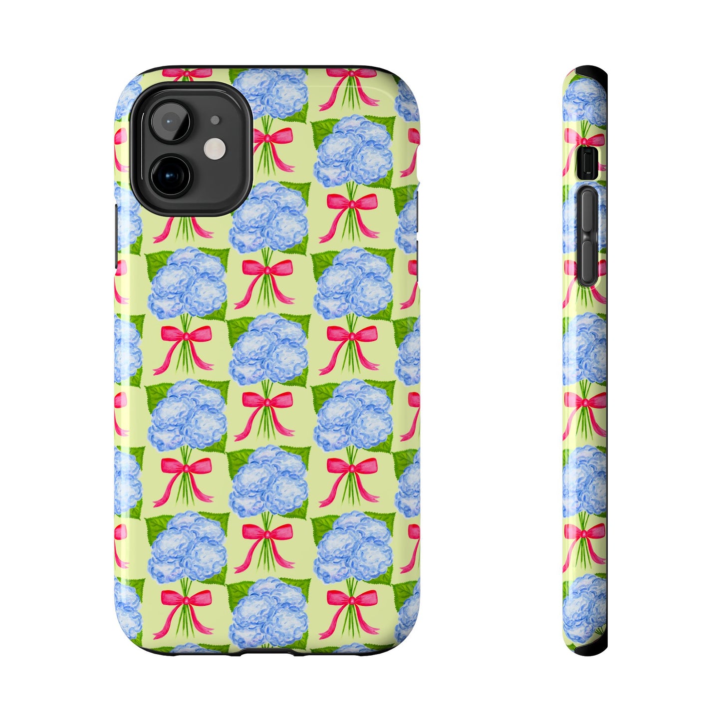 Blue Watercolor Hydrangea Bouquets with Hot Pink Bows Illustrated Patterned Yellow Preppy Grand Millenial Tough Phone Case | Various Models